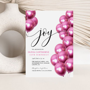 Invitation Ballons roses rose 16e Joy Joyeux anniversaire