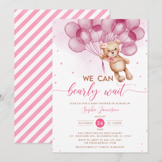 Invitation Ballons roses Teddy Bear Girl Baby shower (Devant / Derrière)