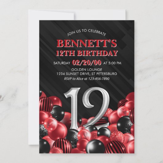 Invitation Ballons Rouge 12e anniversaire (Devant)