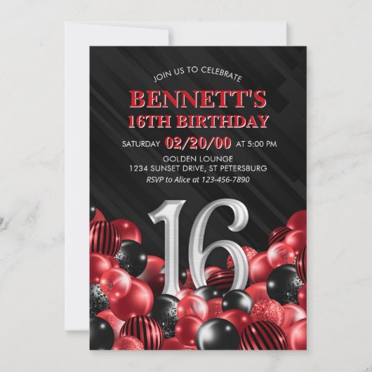 Invitation Ballons Rouge 16e anniversaire (Devant)