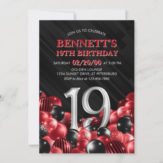 Invitation Ballons Rouge 19e anniversaire (Devant)