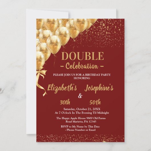 Invitation Ballons Rouge or parties scintillant double Annive (Devant)