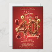 Invitation Ballons rouges et or Célébration du 40e anniversai (Devant)
