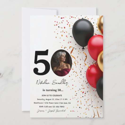 Invitation Ballons rouges Noir et Or 50 anniversaire (Devant)