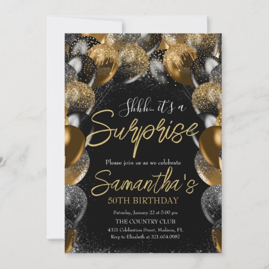 Invitation Ballons surprise Anniversaire Black Gold Parties s (Devant)