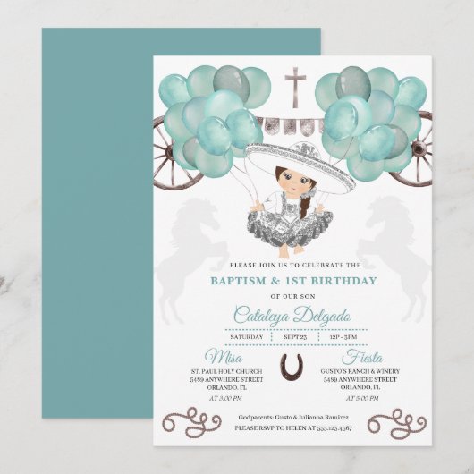 Invitation Ballons turquoises et argent Baptême de bébé mexic (Devant / Derrière)