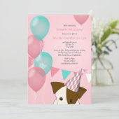 Invitation ballons turquoises roses filles chiot fête d'anniv (Debout devant)