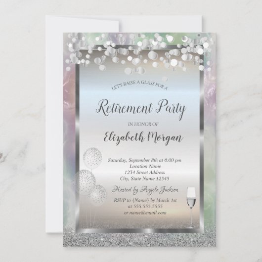 Invitation Ballons Verre Vin Parties scintillant Argent Holog (Devant)