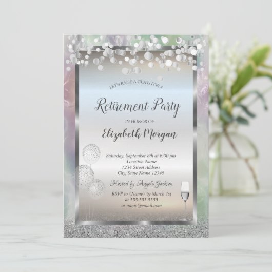 Invitation Ballons Verre Vin Parties scintillant Argent Holog (Debout devant)