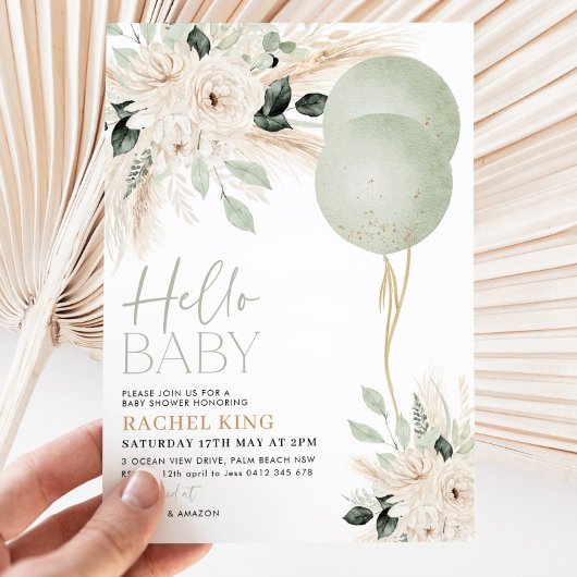 Invitation Ballons verts Sage Baby shower Floral