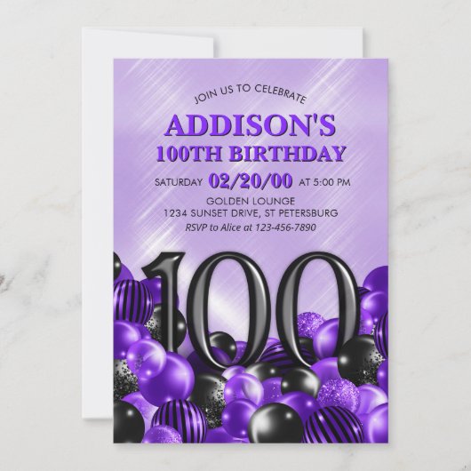 Invitation Ballons violet 100e anniversaire (Devant)