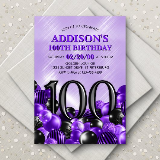 Invitation Ballons violet 100e anniversaire