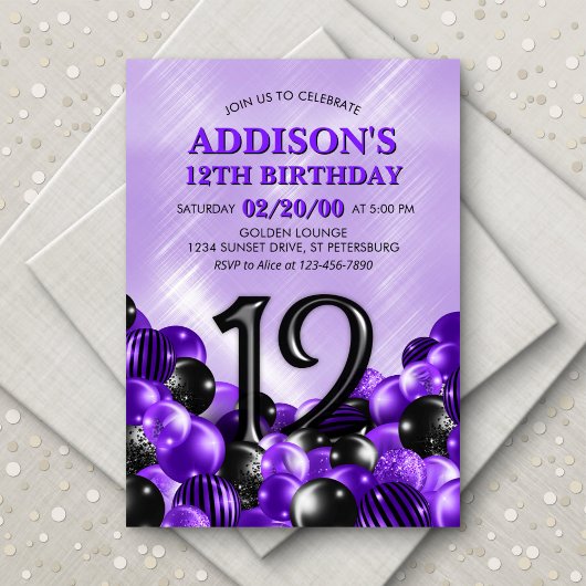 Invitation Ballons violet 12e anniversaire