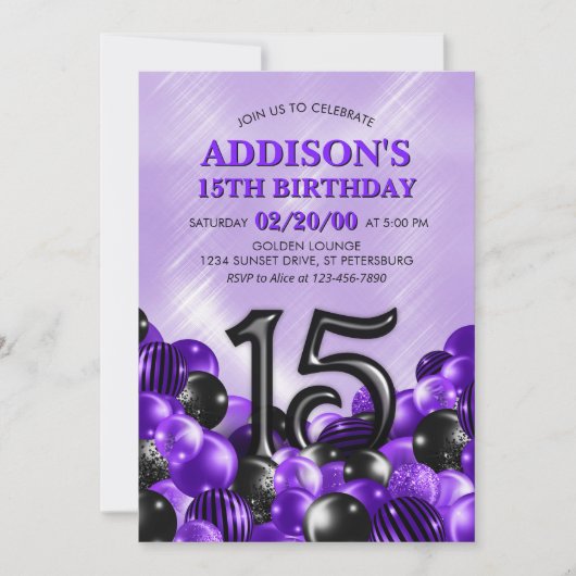 Invitation Ballons violet 15e anniversaire (Devant)