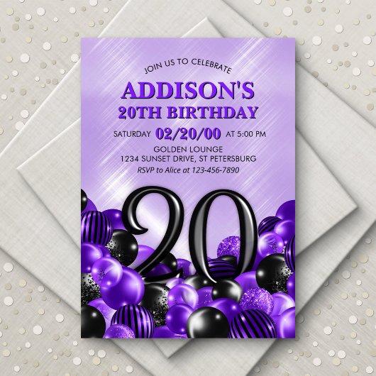 Invitation Ballons violet 20e anniversaire