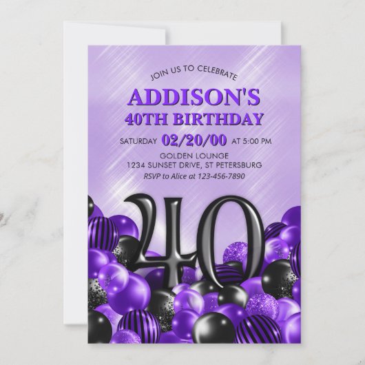 Invitation Ballons violet 40e anniversaire (Devant)