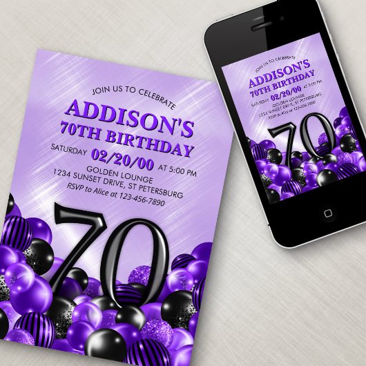 Invitation Ballons violet 70e anniversaire