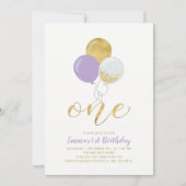 Invitation Ballons violet et or Une 1ère Fille fête d'anniver (Devant)