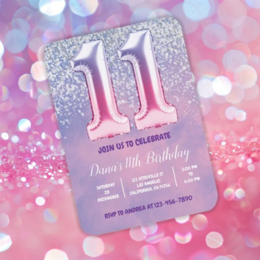 Invitation Ballons violet et rose 11e anniversaire