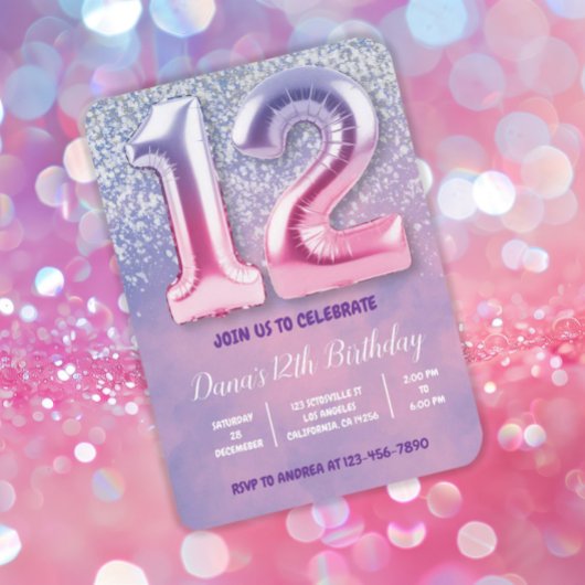 Invitation Ballons violet et rose 12e anniversaire