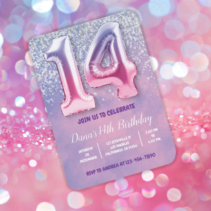 Invitation Ballons violet et rose 14e anniversaire