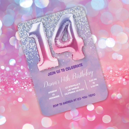 Invitation Ballons violet et rose 14e anniversaire