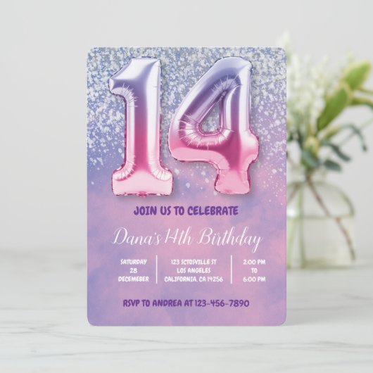 Invitation Ballons violet et rose 14e anniversaire (Debout devant)