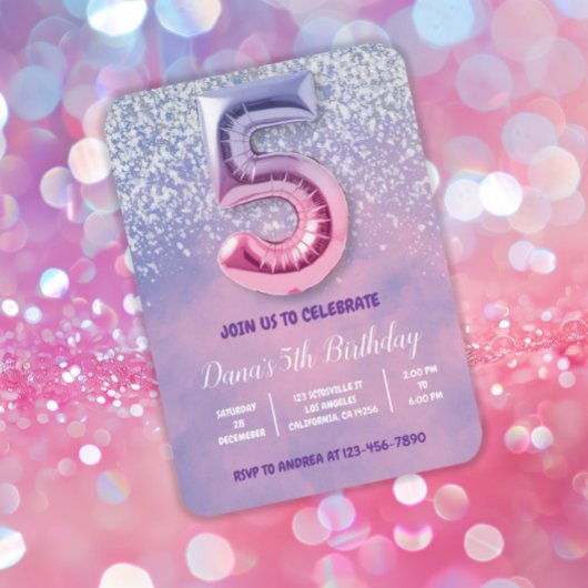 Invitation Ballons violet et rose 5e anniversaire