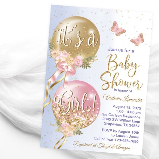 Invitation Ballons violet rose or Baby shower papillon