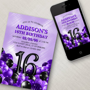 Invitation Ballons violets 16e anniversaire