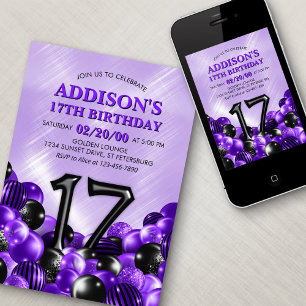 Invitation Ballons violets 17e anniversaire