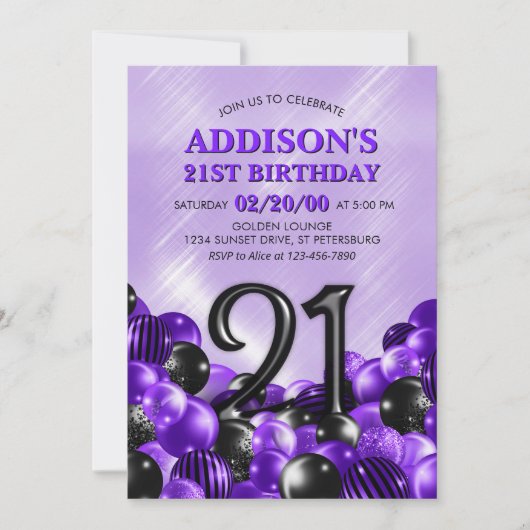 Invitation Ballons violets 21e anniversaire (Devant)