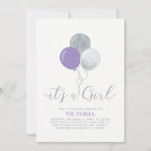 Invitation Ballons violets et argent | C'est une fille - Baby (Devant)