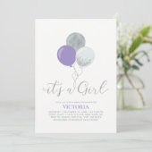 Invitation Ballons violets et argentés | C'est un Baby shower (Debout devant)