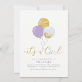 Invitation Ballons violets et dorés | C'est une fille Baby Sh (Devant)
