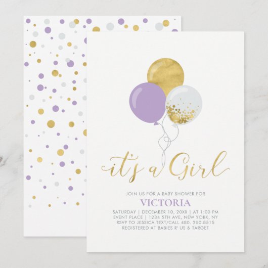 Invitation Ballons violets et dorés | C'est une fille Baby Sh (Devant / Derrière)
