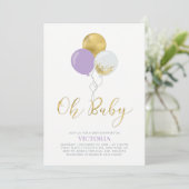 Invitation Ballons violets et dorés | Oh Baby Girl Baby Showe (Debout devant)