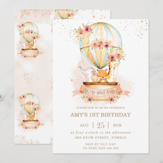 Invitation Balloon à air chaud 1er anniversaire Jungle Animau (Devant / Derrière)