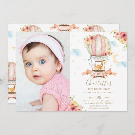 Invitation Balloon à air chaud 1er anniversaire Jungle Animau (Devant / Derrière)