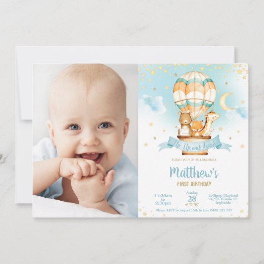 Invitation Balloon à air chaud Anniversaire Bébé mignon Anima (Devant)