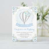 Invitation Balloon à air chaud Bleu Argent Floral 1er anniver (Debout devant)