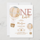 Invitation Balloon à air chaud Boho rose 1er anniversaire (Devant)