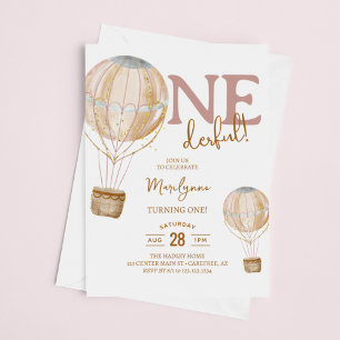 Invitation Balloon à air chaud Boho rose 1er anniversaire