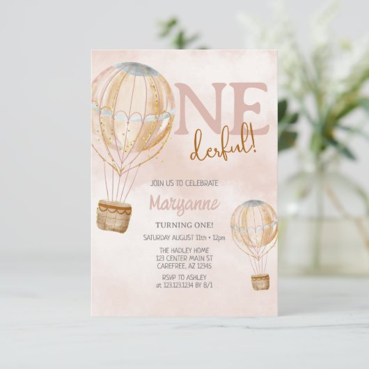 Invitation Balloon à air chaud Boho rose 1er anniversaire (Debout devant)