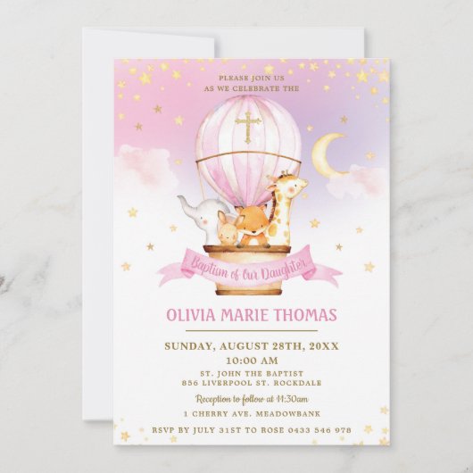 Invitation Balloon à air chaud mignon Animaux Baptême Christe (Devant)