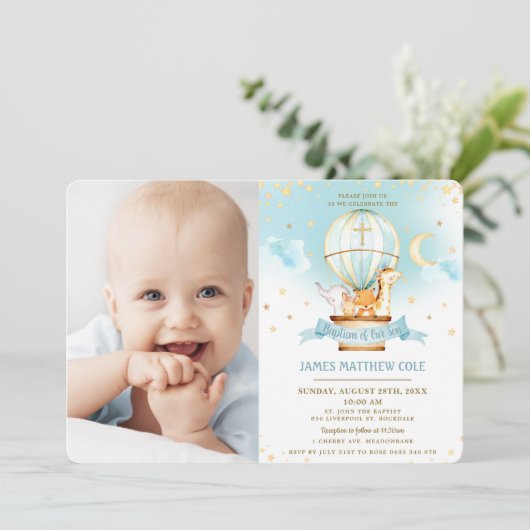 Invitation Balloon à air chaud mignon Animaux Baptême Christe (Debout devant)