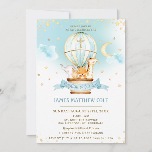 Invitation Balloon à air chaud mignon Animaux Baptême Christe (Devant)