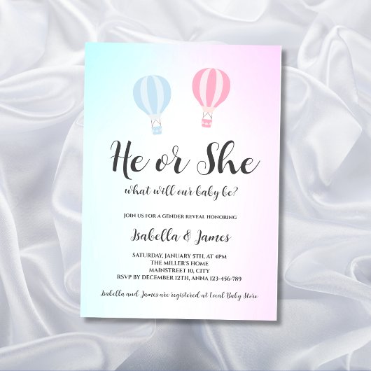 Invitation Balloon à air chaud rose bleu bleu mou Révélation