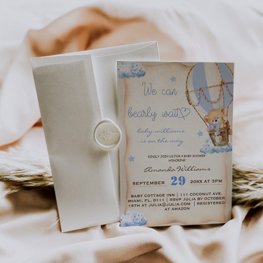 Invitation Balloon à air chaud rustique ours bébé garçon douc