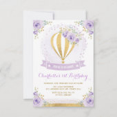 Invitation Balloon à air chaud violet or Floral 1er anniversa (Devant)